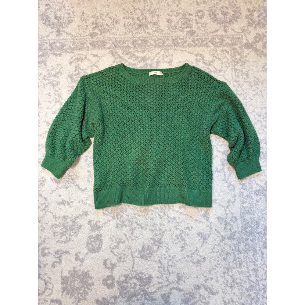 Mango Emerald Green Bubble Sleeve Sweater 💚 Cropped Oversized Textured Knit XS